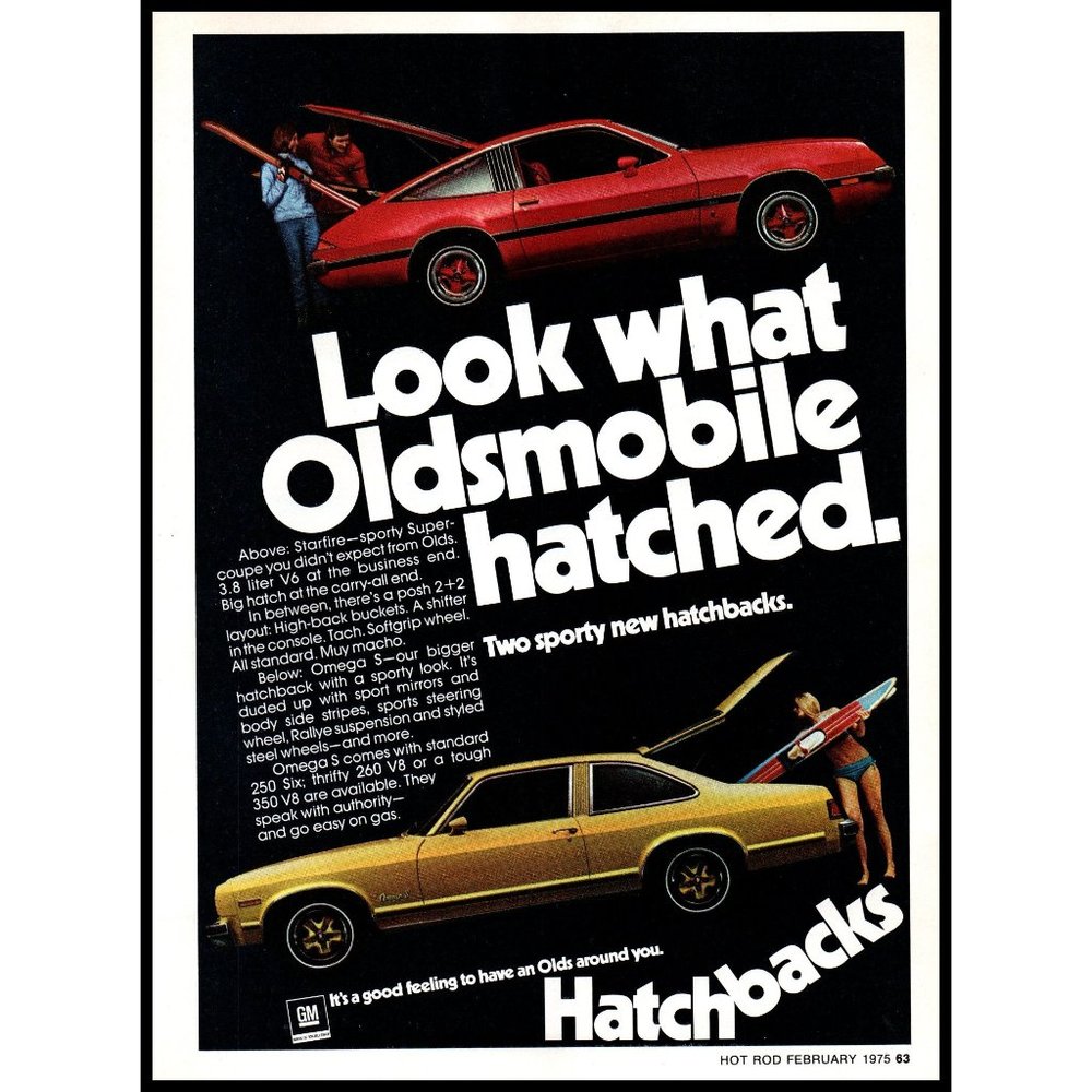1975 Oldsmobile Starfire Super Coupe & Omega S Vintage Print Ad Water Skis Art